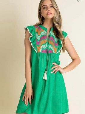 THML Green Mini Dress with Multicolor Embroidered Yoke